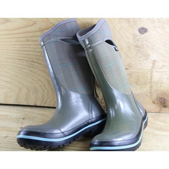 Bogs Boots Womens 7 Gray Green Plaid Prince Of Wales Rain Boots Tall Pull On - Picture 3 of 7